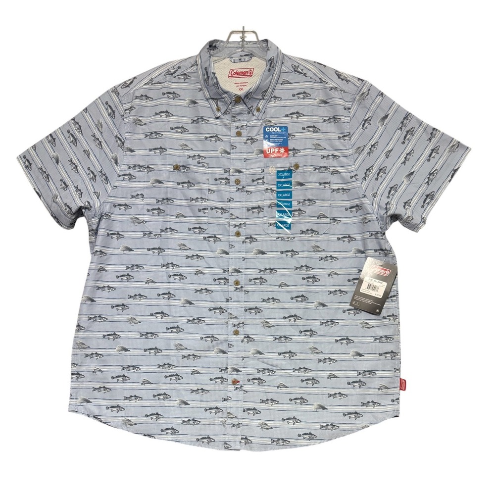 NEW Coleman Short sleeve fish all over print button up shirt mens 2XL UPF40